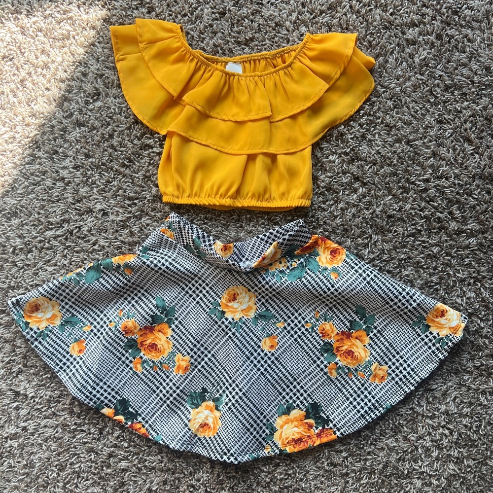 Yellow and Black Matching Skirt Set with Ruffle Top